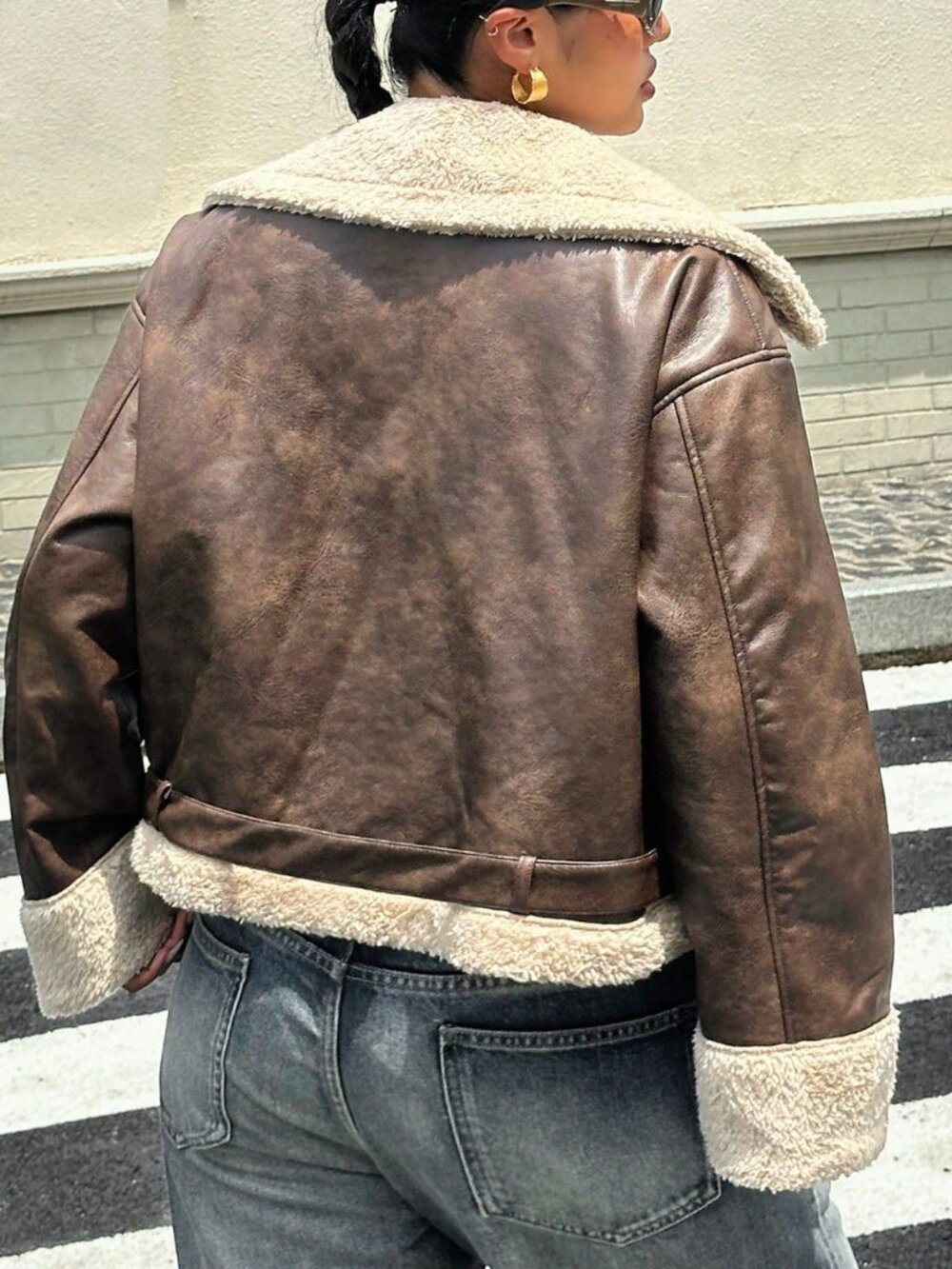 Brown Casual Women's Loose Zipper Front Shearling Leather Jacket - Picture 2 of 7